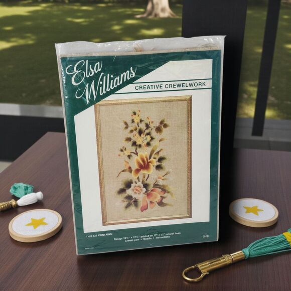 Elsa Williams Creative Crewelwork Floral Kit Linen Yarn Vintage Open Needle Gone - Picture 1 of 3